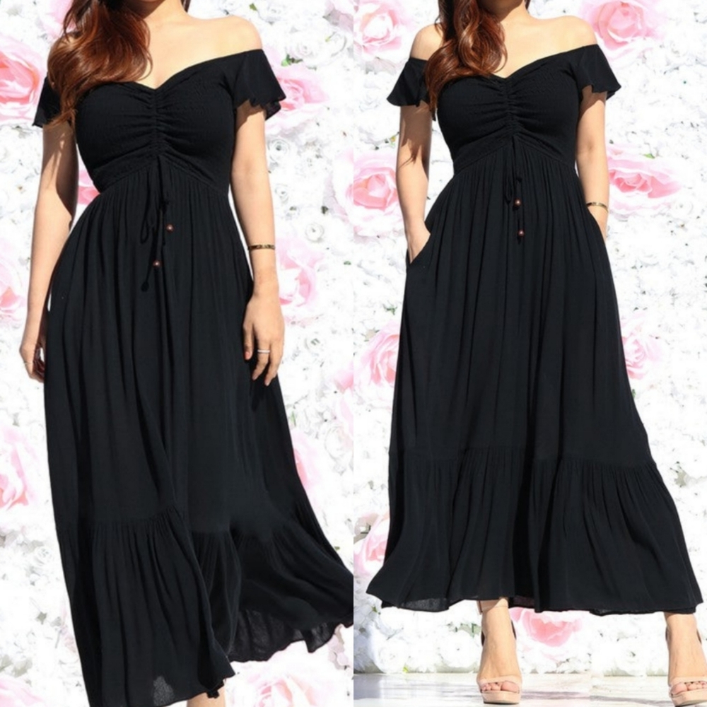 SMOCKED OFF SHOULDER RUCHED CHEST MAXI DRESS BLACK